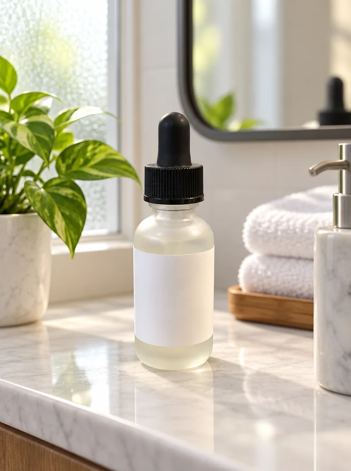 Skincare photos with a bathroom-shelf glow